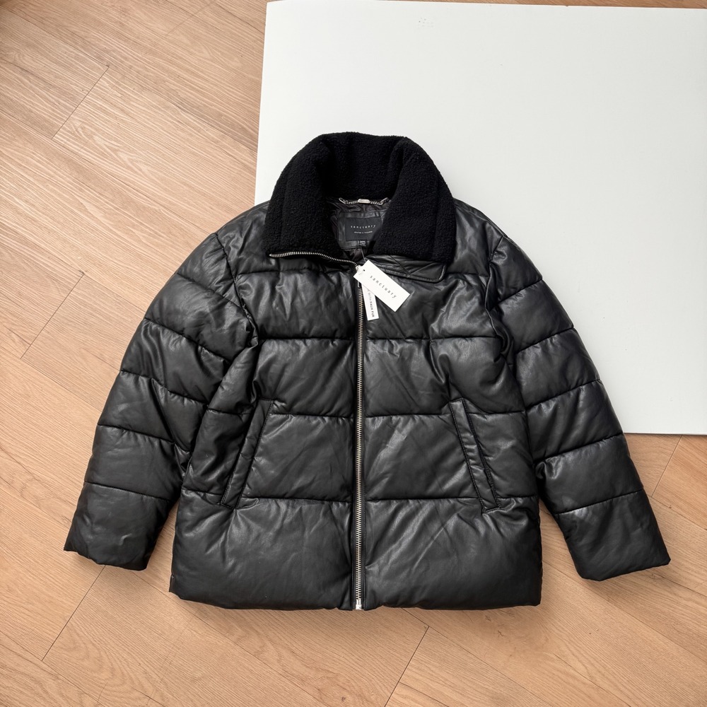 Sanctuary Black Faux Leather Puffer Jacket Sherpa Collar Medium Minimal NWT